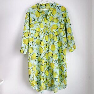 Italian Lemon Print Shirt Dress L | Amalfi Coast Cotton Tunic